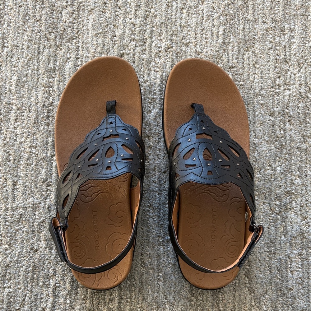 Rockport Women's Black Cutout Sandals with Brown Footbed